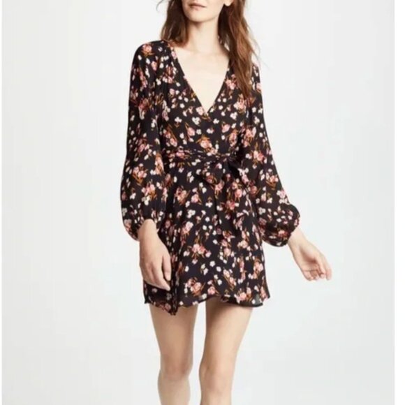 A.L.C. Carlo Black Floral Silk Wrap Mini Dress - Picture 2 of 10